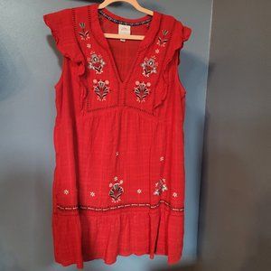 V Neck Mini Dress in Red with Embroidery from Knox Rose